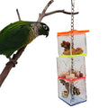 Clear acrylic parrot foraging toy measuring 5x5x32cm with food inside for bird enrichment
