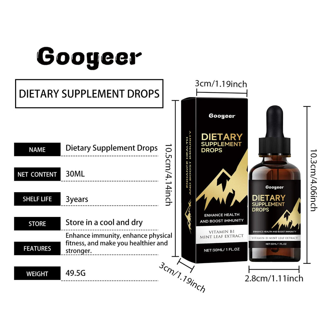 Bottle of liquid dietary supplement drops with dropper against plain background