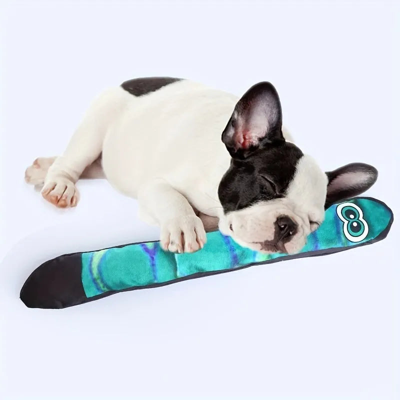 Plush snake dog squeaky toy with stripe print in rainbow colour, unfilled lightweight design