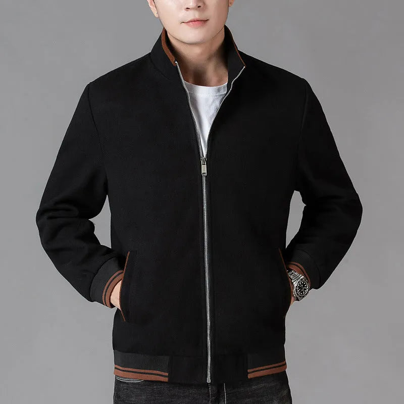 Men's gray polyester fleece autumn jacket with long sleeves and stick pocket