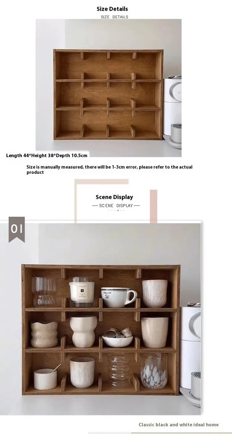 Solid wood square multi-layer grid cup storage rack in birch wood meridian colour