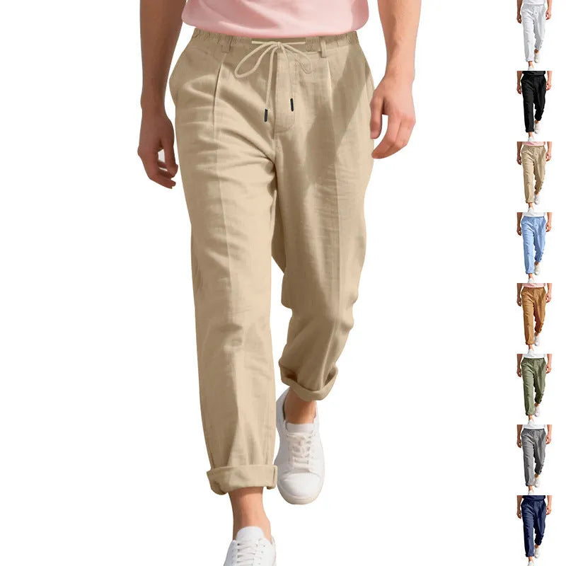 Men's linen casual trousers with drawstring waist in straight leg style for summer wear