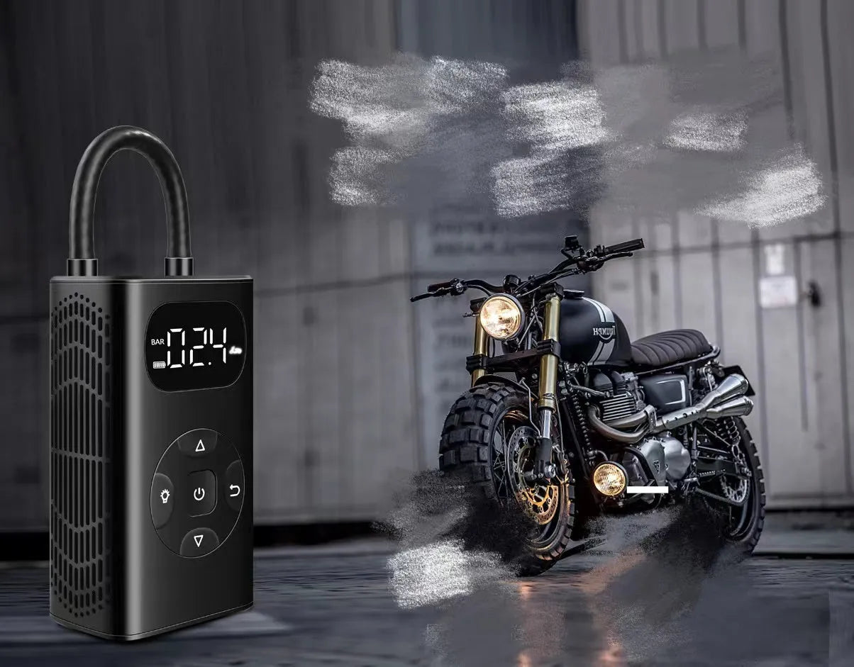 Black M09X portable power bank tyre inflator with USB cable and inflatable tube