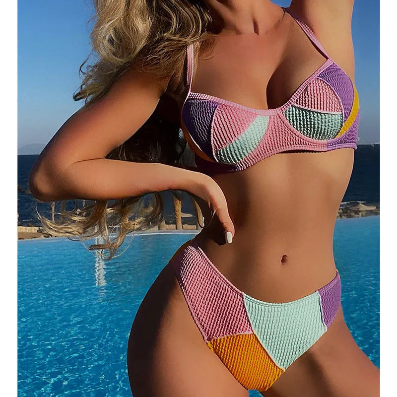 Ladies backpack stitching steel bracket push up bikini set in splicing colour, front view on model