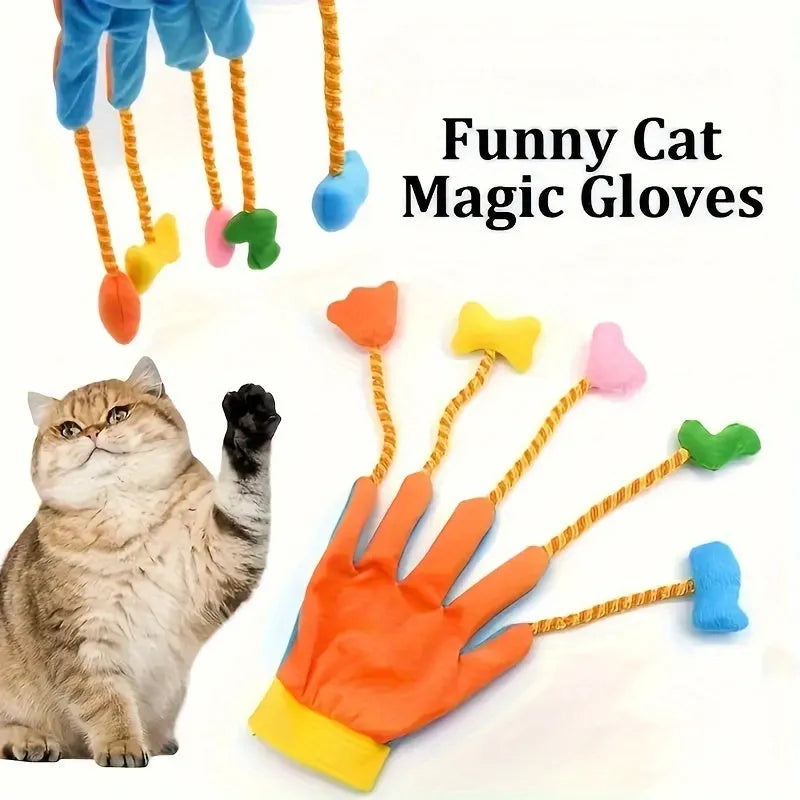Yellow and blue plush magic glove cat toy with bell on 40cm wand