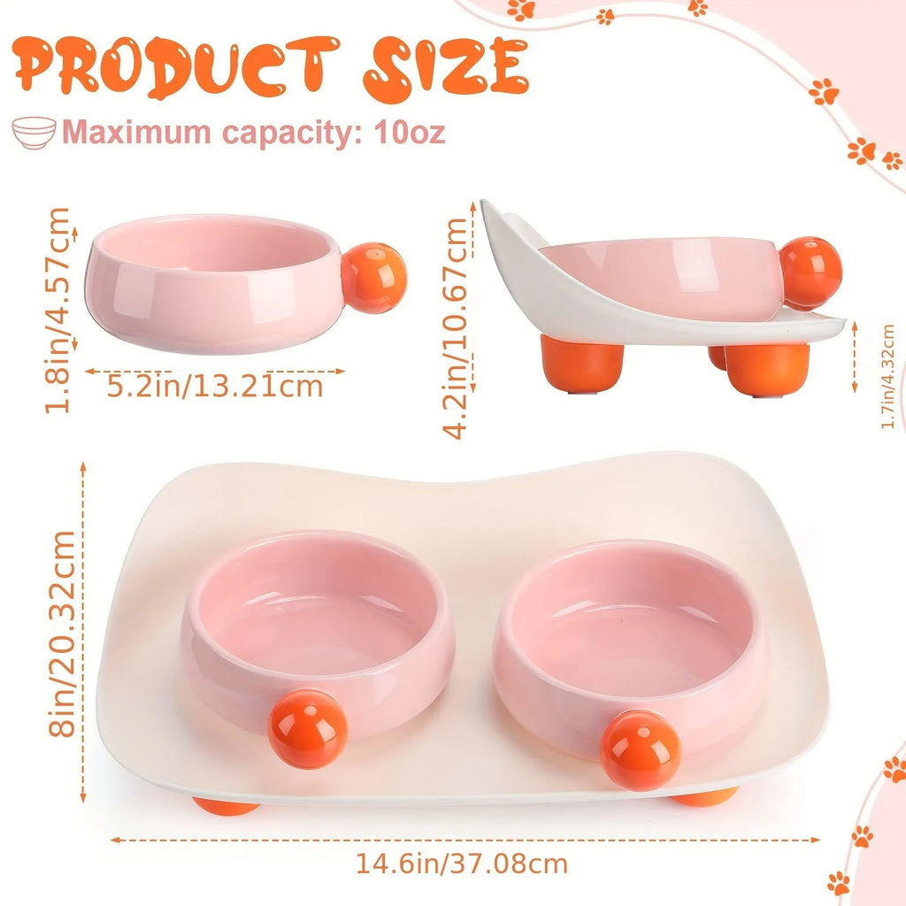 Ceramic raised pet feeder with two bowls in a pink yellow colour on a non-slip base.
