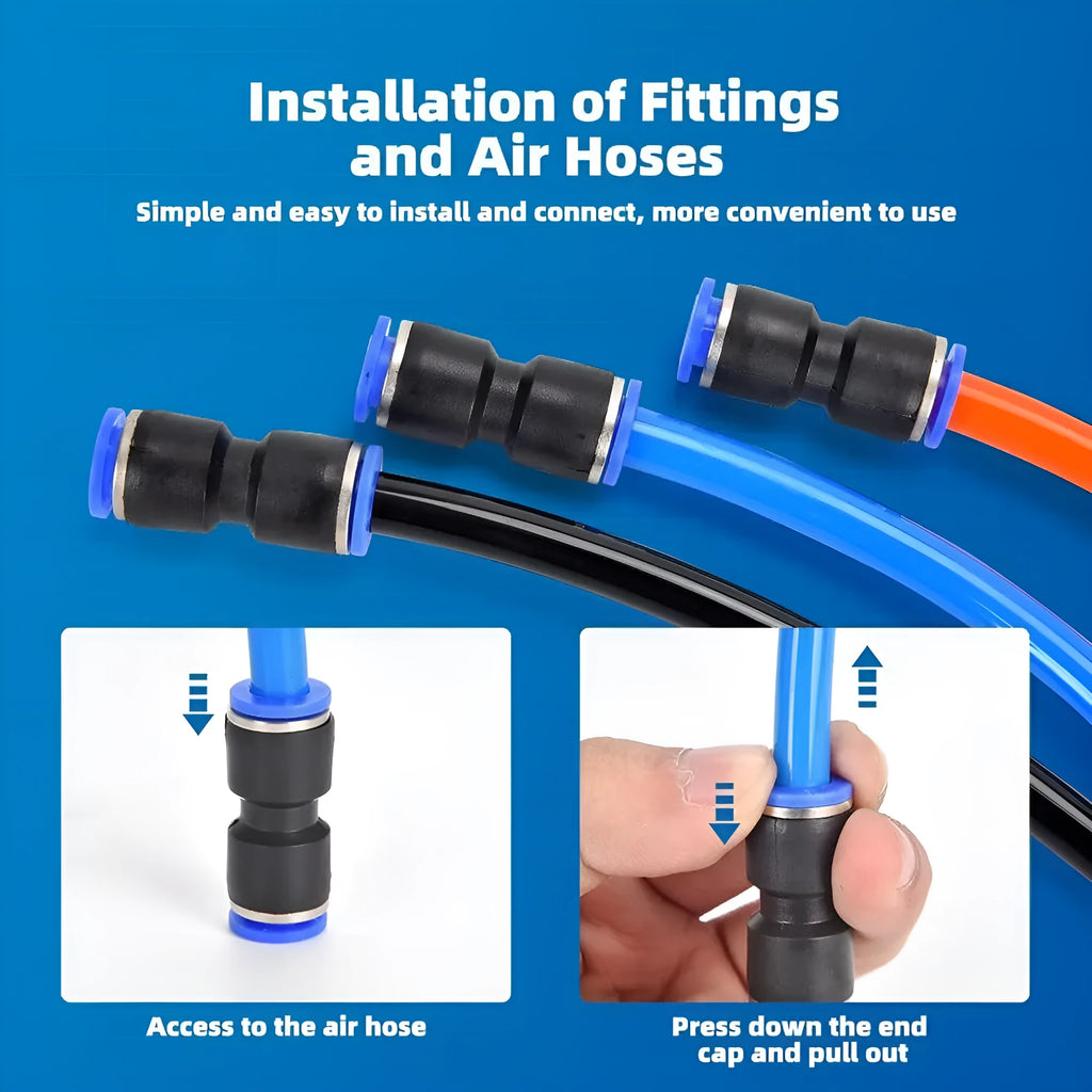 Assortment of 60 grey alloy plastic pneumatic push-in quick connectors with R1/4 and R1/2 threads.