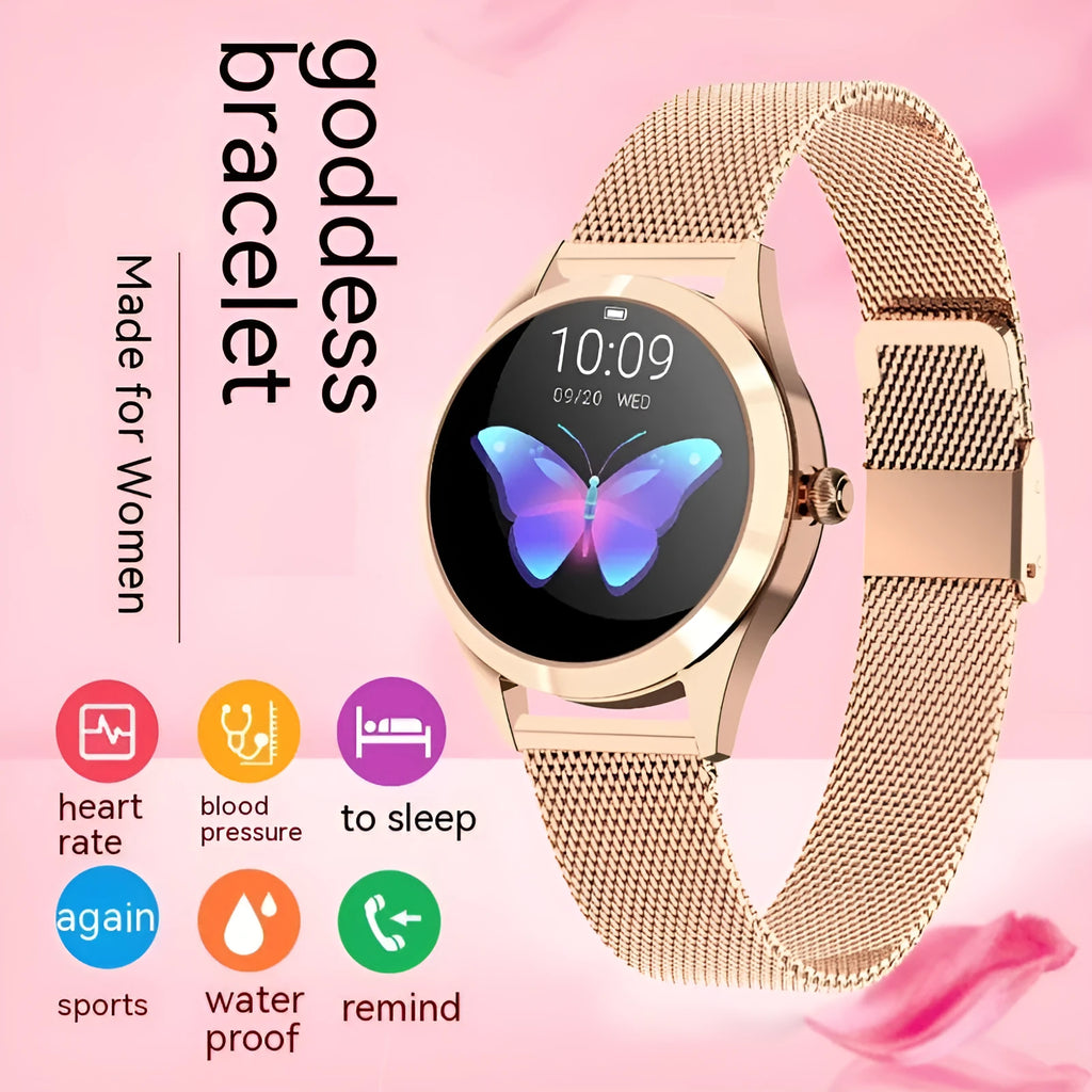 Women's multi-functional sports smartwatch showing heart rate monitoring, available in black, rose gold, silver, or white