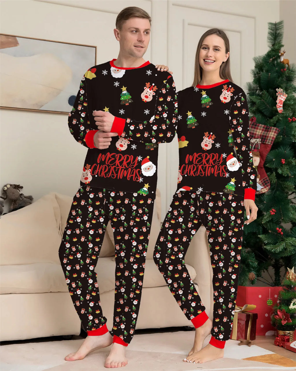 Family Christmas matching pyjamas set with plaid design showing parents, child and dog in coordinated sleepwear