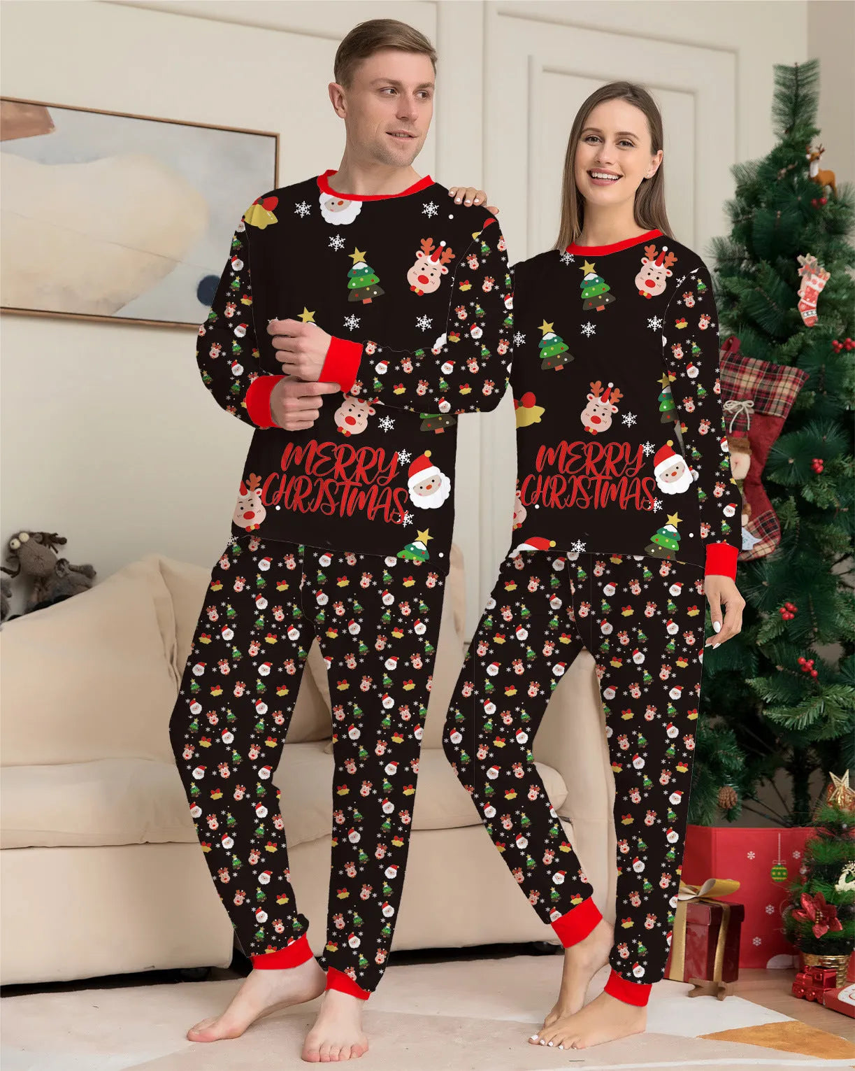 Family Christmas matching pyjamas set with plaid design showing parents, child and dog in coordinated sleepwear