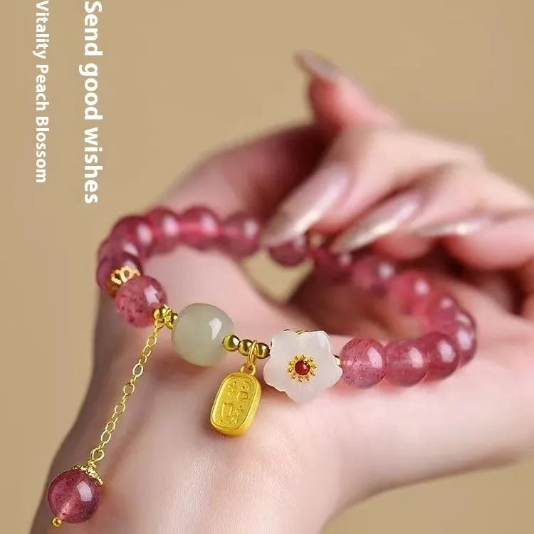 Natural strawberry quartz crystal bracelet for women handcrafted with green strawberry quartz moon design