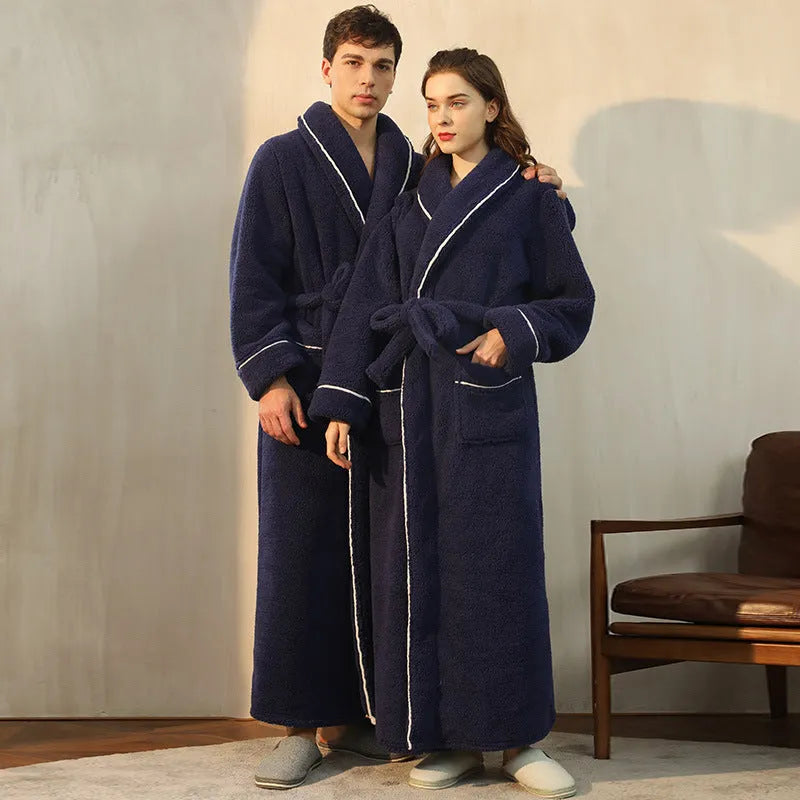 Thick flannel couple's bathrobe set in winter colours like Angola red and navy blue, shown in M size.