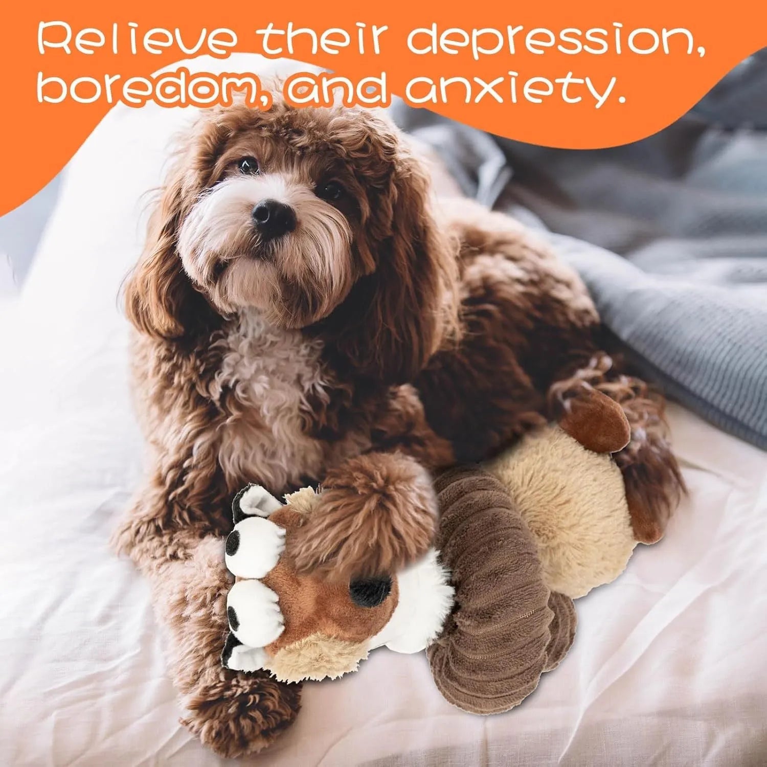 Plush squeaky dog toy in brown with foldable design and crinkle texture for small to large dogs