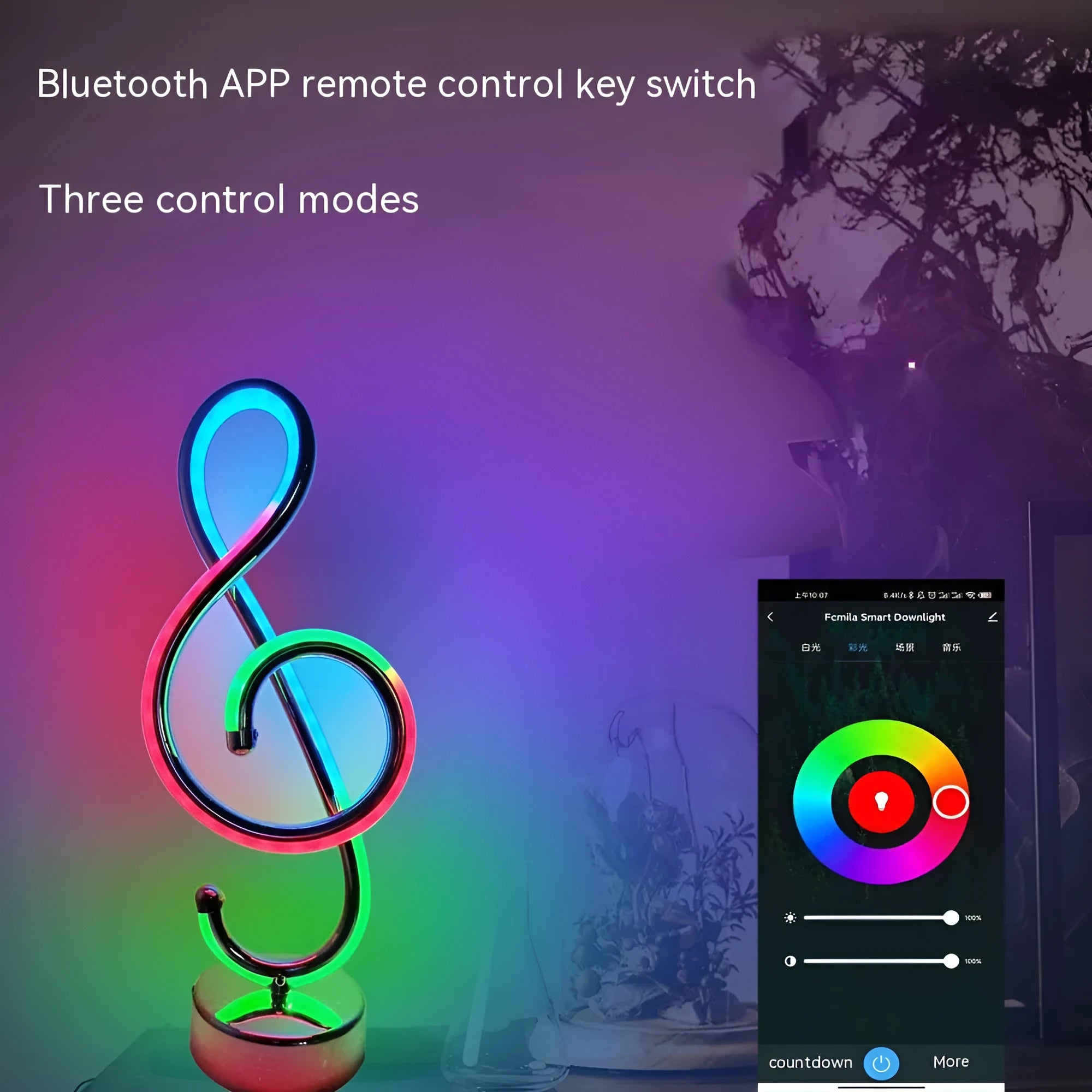 Black musical note shaped Bluetooth LED lamp with RGB colour changing lights on a table.