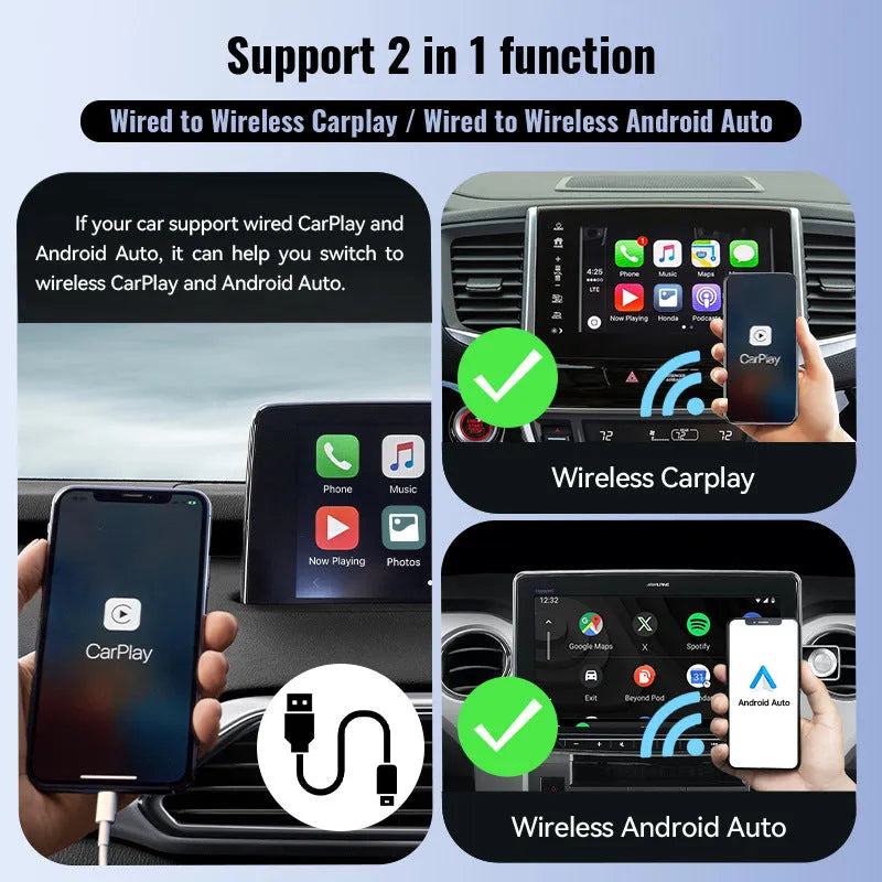 Black mini 2-in-1 CarPlay USB interface wireless adaptor with ABS PC construction