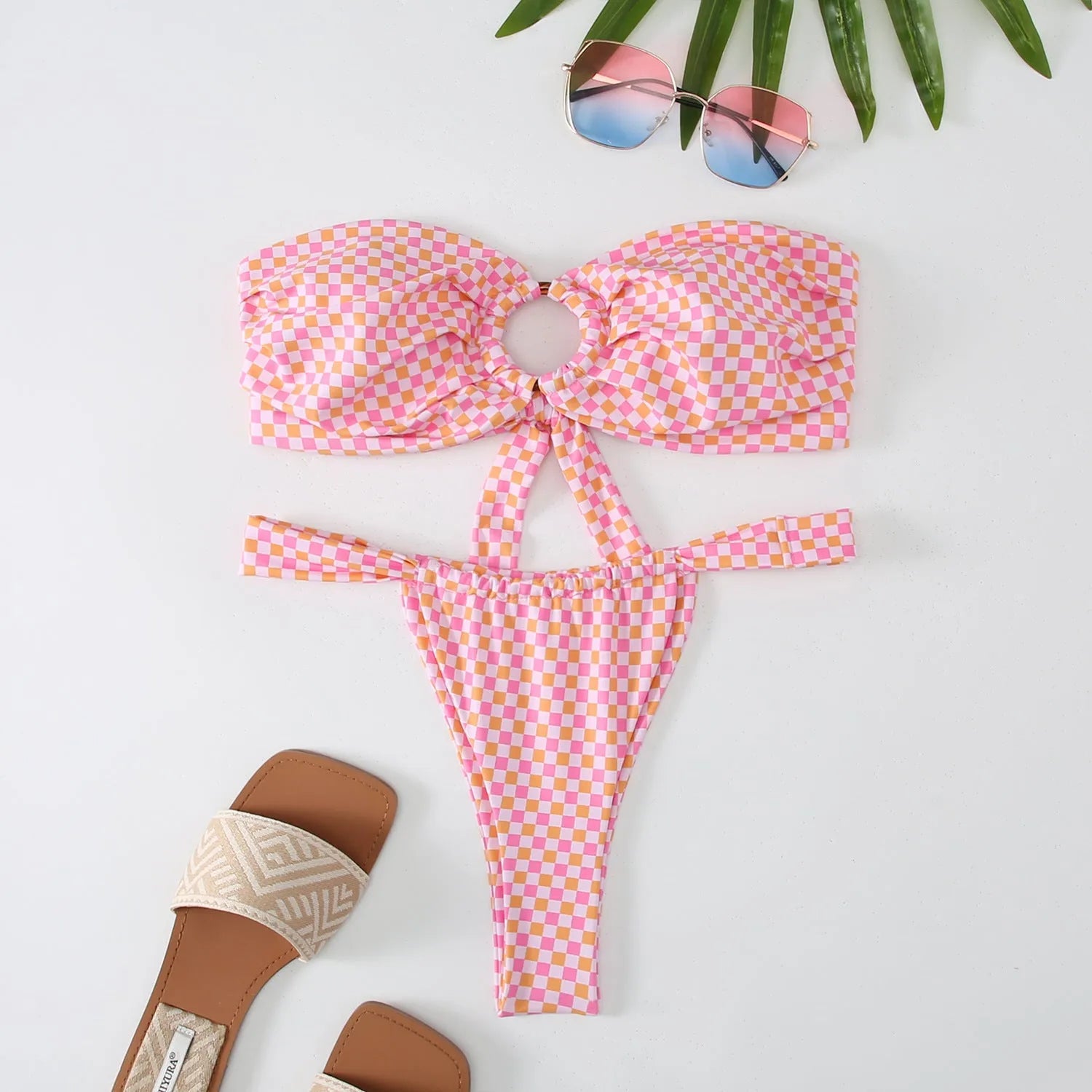 Women's floral printed tube top bikini swimsuit with briefs and backless design