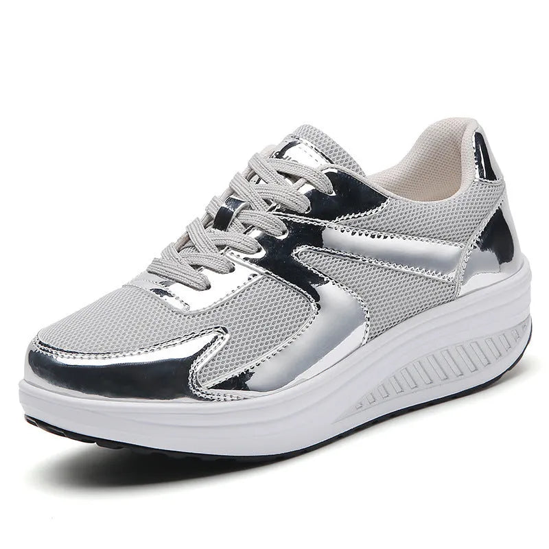 Women's breathable mesh elevator shoes with thick bottom, cross strap, round toe, available in gold and silver