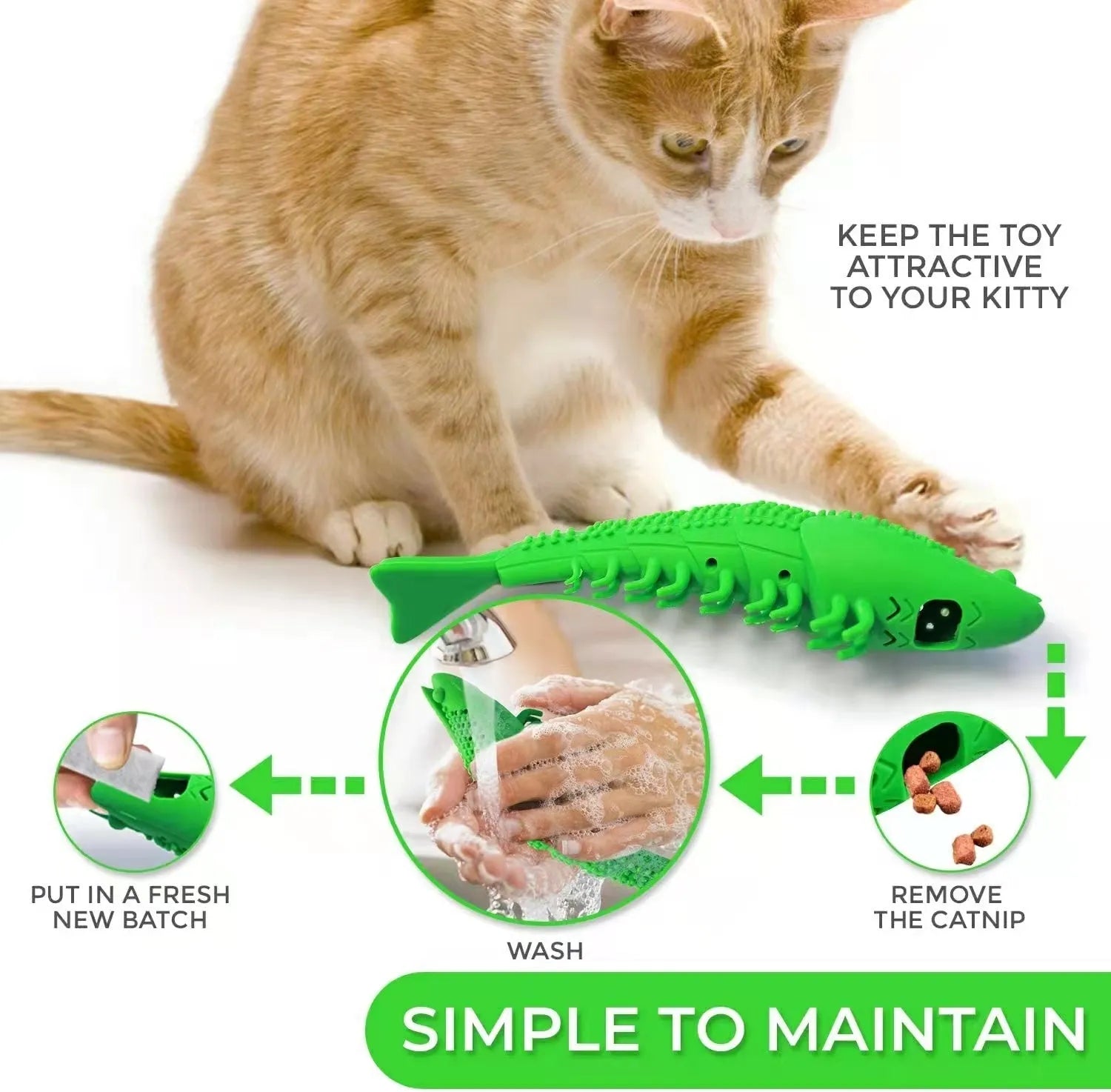 Blue catnip toy with bell for 360 degree teeth cleaning, hard rubber construction