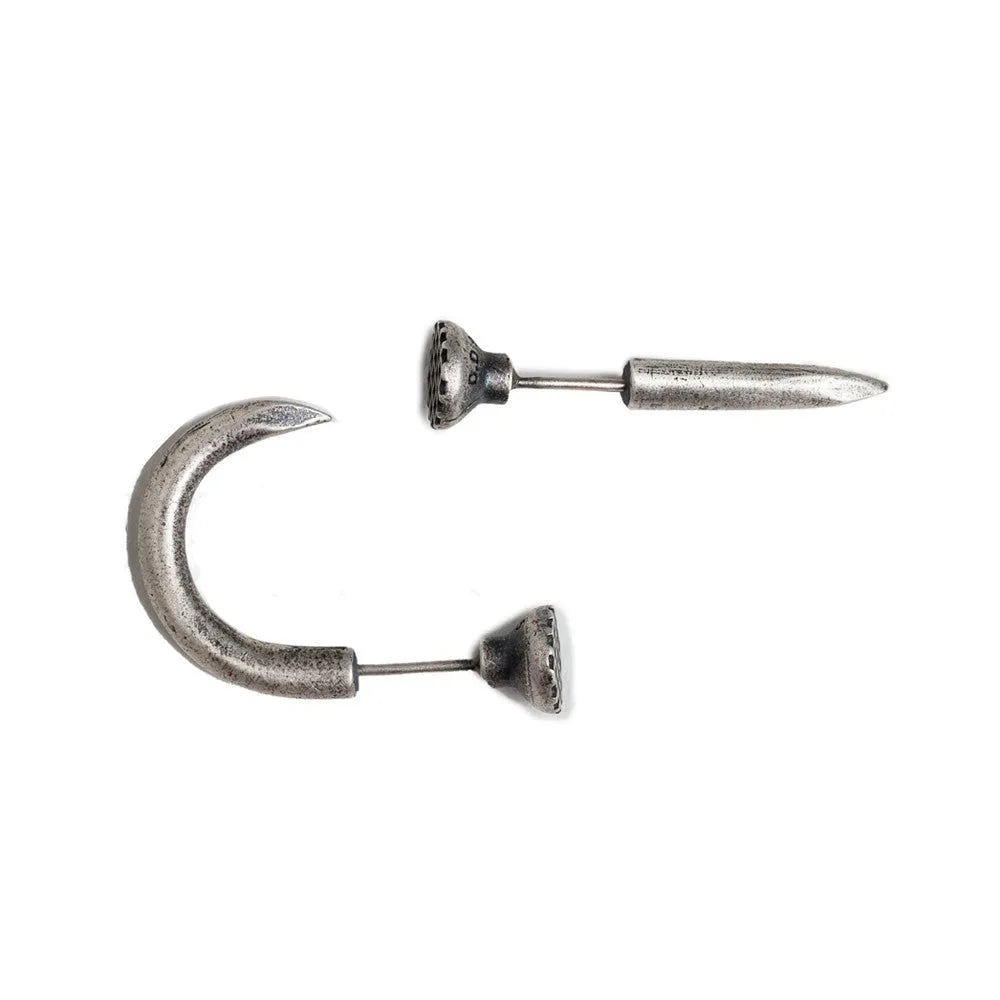 Sterling silver nail stud earrings in straight and curved punk styles on ear hooks