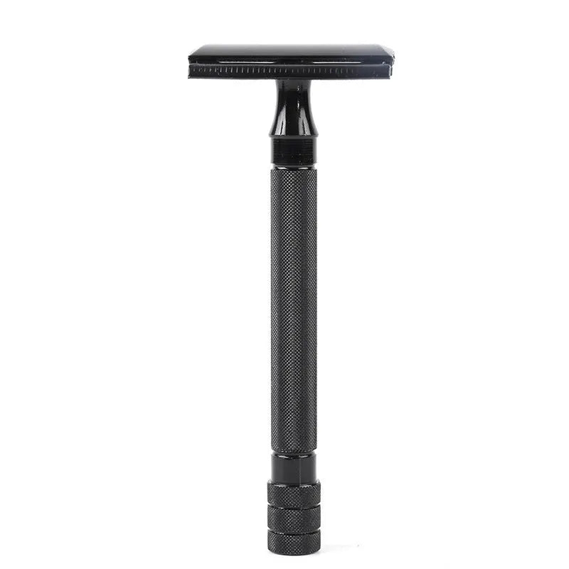 Traditional manual shaving kit with metal straight razor and shaving brush in black or silver handle options
