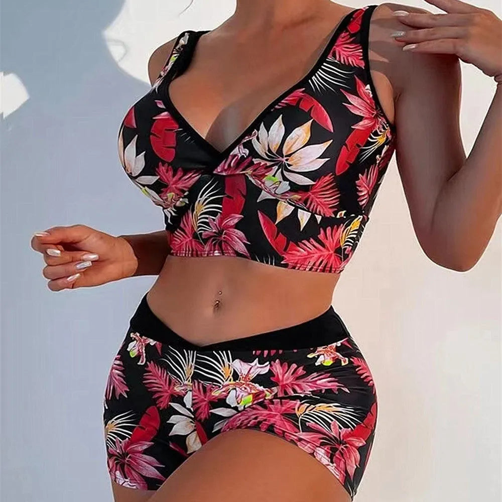 Women's printed boxer style two-piece swimsuit in multicolour pattern with sleeveless top