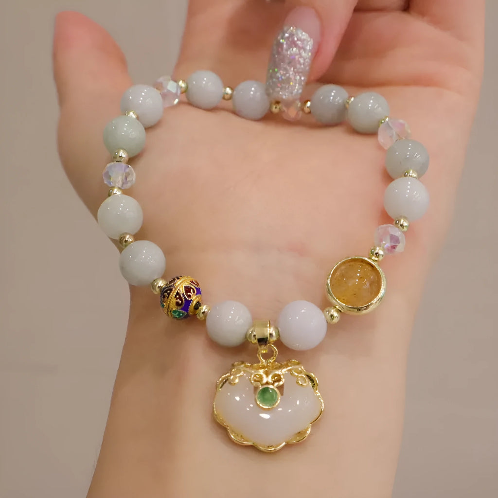 Women's bracelet with jade bead in geometric shape and metal three-dimensional ethnic decoration