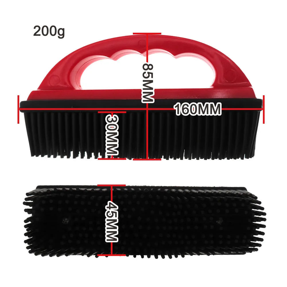 Red pet hair removal brush with silicone bristles measuring 160mm by 85mm