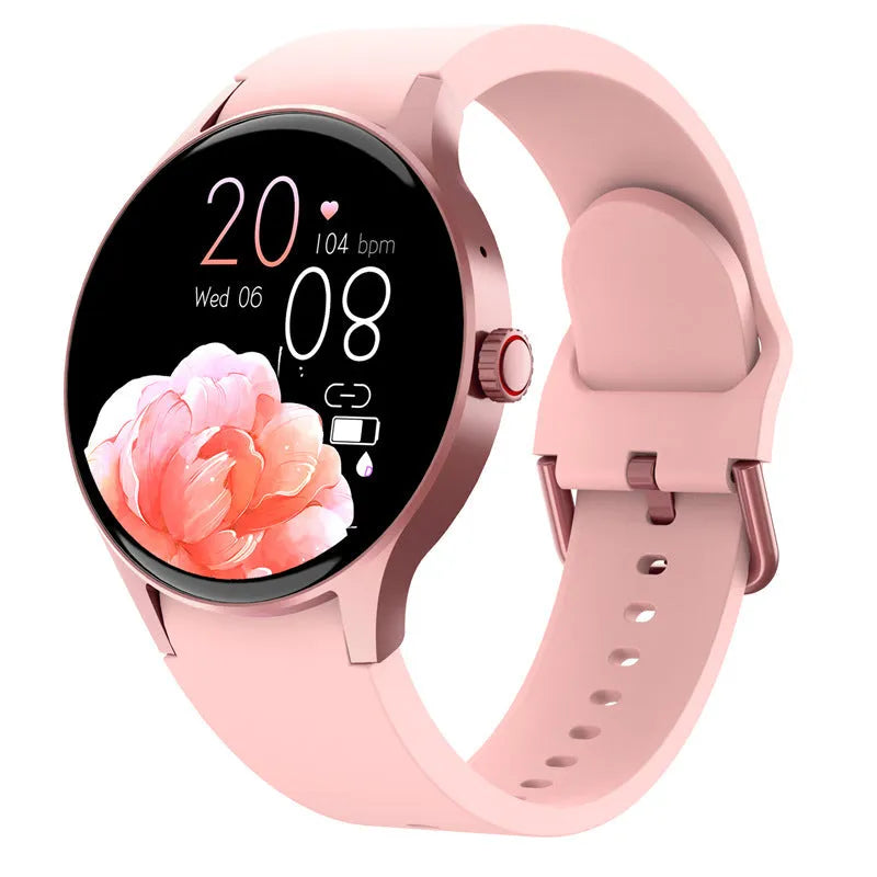 Black Bluetooth smart sport watch with round touch screen on a wrist, showing a watch face display.