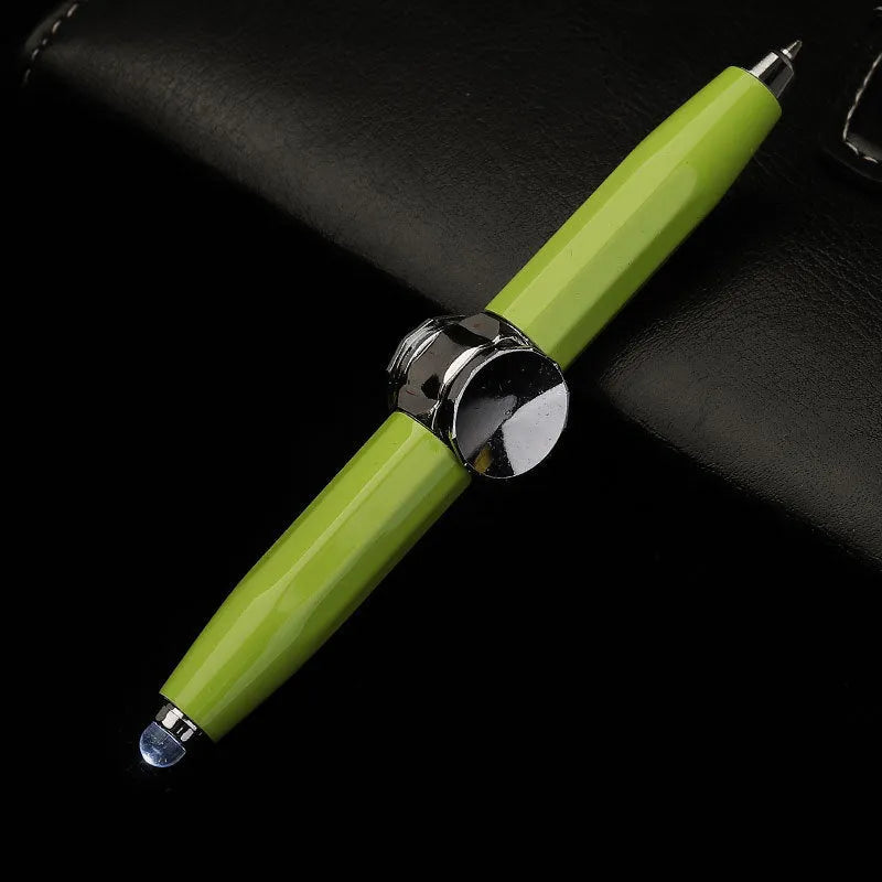 Metal ballpoint pen with LED spinning gyro function showing 10.5cm length and multiple colour refills