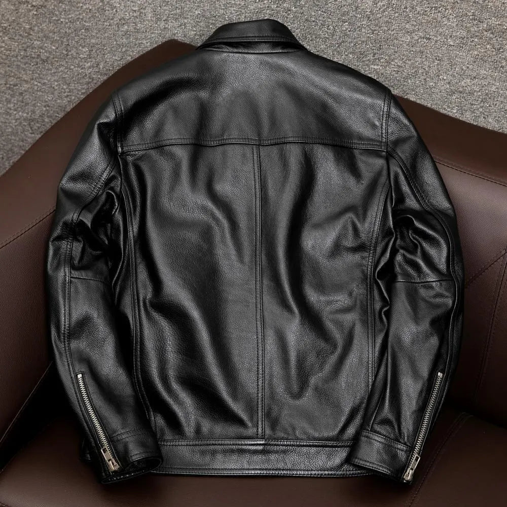 Men's black retro Kaji style lapel-collar PU leather jacket with side pockets, shown on a model.