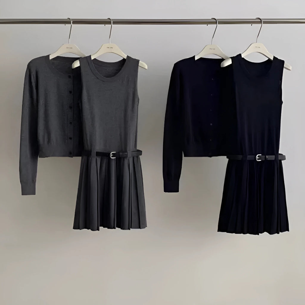 Women's grey knitted vest skirt and cardigan two-piece set with pleated design and belt
