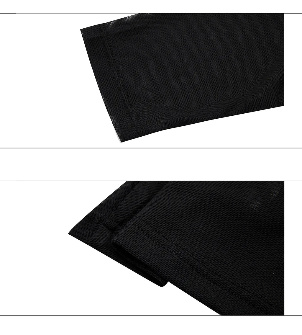 Black slim-fit long sleeve mesh shirt with a cooling ice-feel texture, shown on a model.