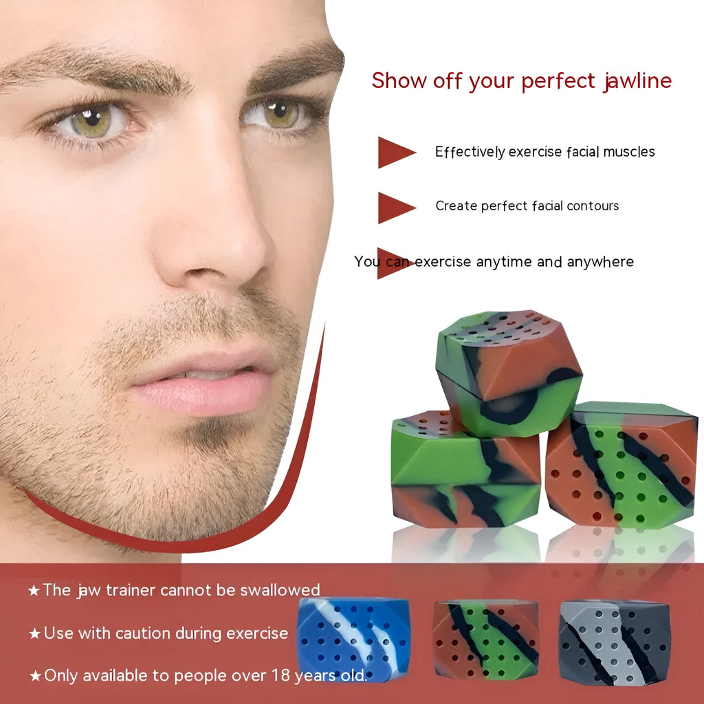 Two camouflage-pattern silicone jawline trainer balls in a transparent box.