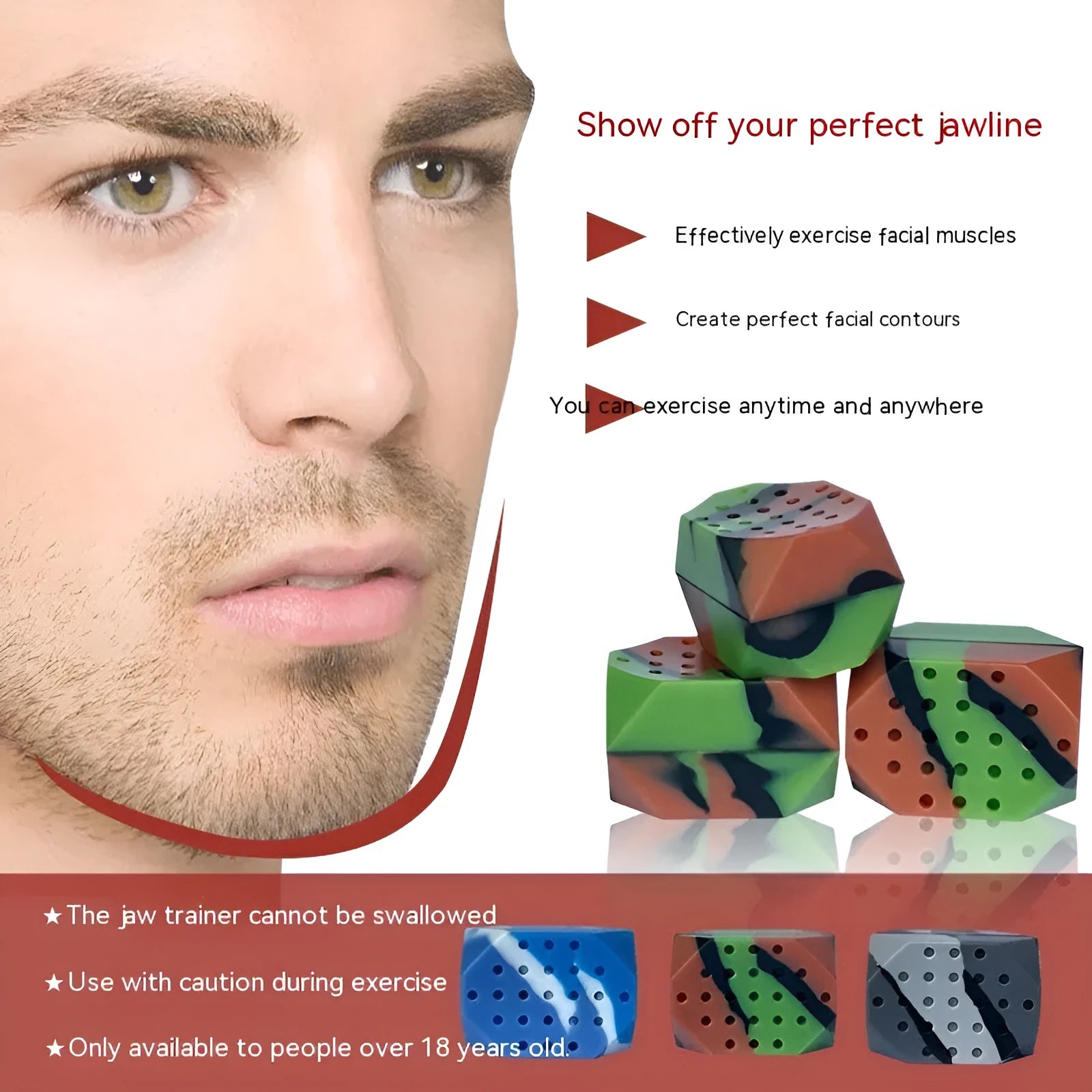 Two camouflage-pattern silicone jawline trainer balls in a transparent box.