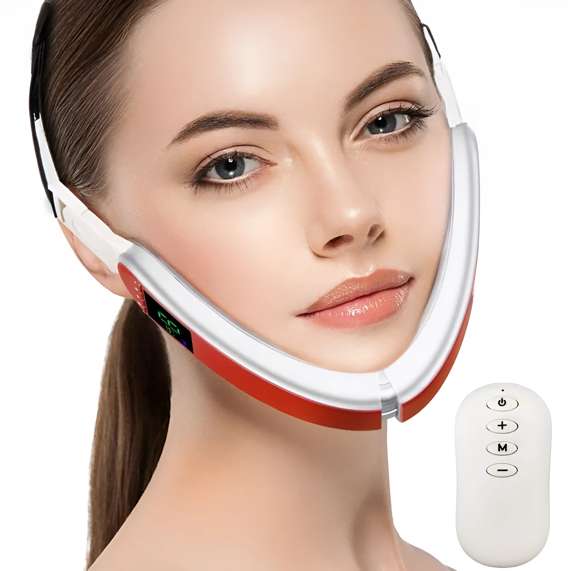 Infrared LED photon therapy V-shape slimming face massager with blue and red light modes and metal contacts