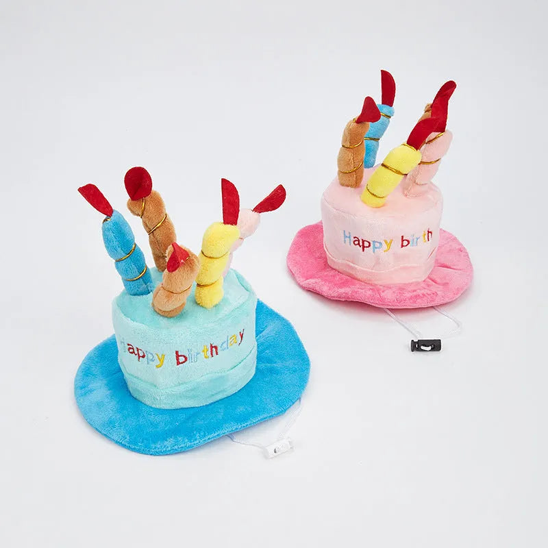 A blue or pink lightweight birthday hat for dogs on a white background.