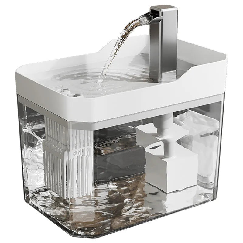 Matt grey cat water fountain with active oxygen pump and white drinking tray on floor