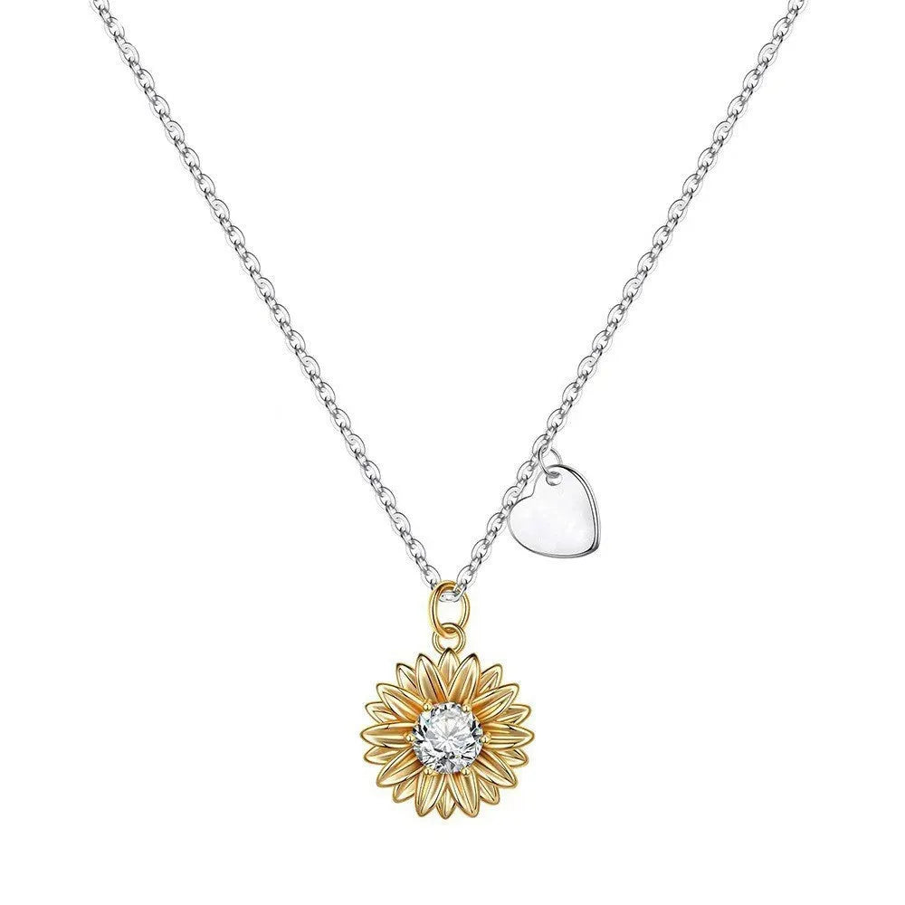 Women's sunflower-themed 925 silver pendant necklace with geometric petals on an adjustable cross chain.