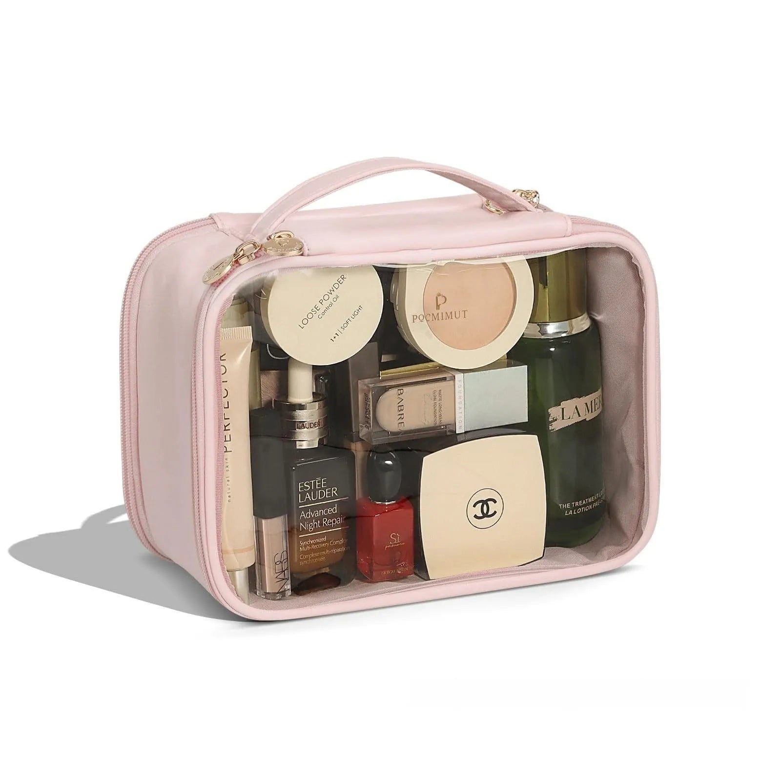 Leather trim transparent PVC cosmetic bag with waterproof construction, expansion storage, and dry wet separation, pink portable size