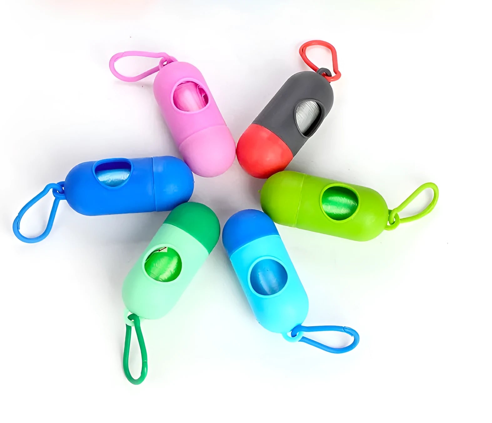 Six different coloured dog waste bags showing black, blue, green, pink, red and purple options