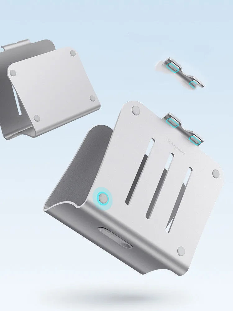 Aluminium laptop cooling bracket with rotary adjustment in silver or grey