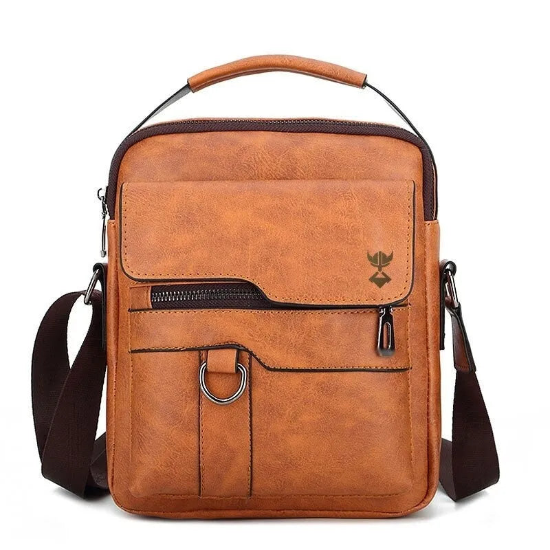 Khaki PU leather men's shoulder bag with zipper opening and single strap