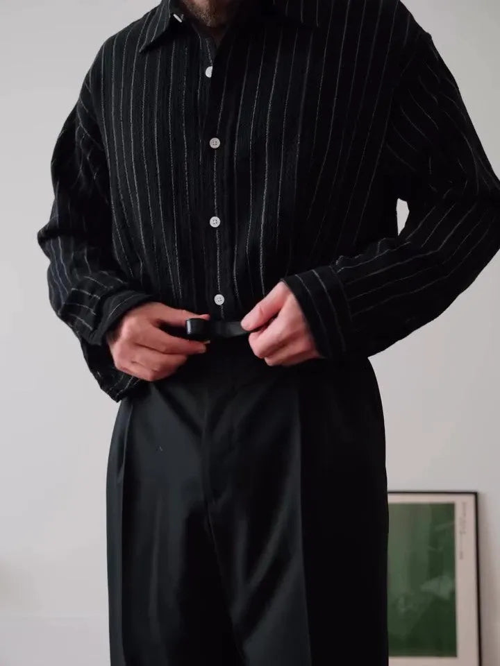 Men's black pinstripe button-down shirt with regular fit and traditional collar