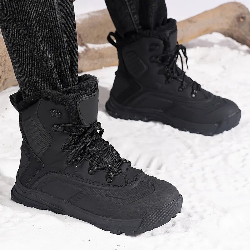 Men's black fleece-lined high-top lace-up boots with a ribbed sole.