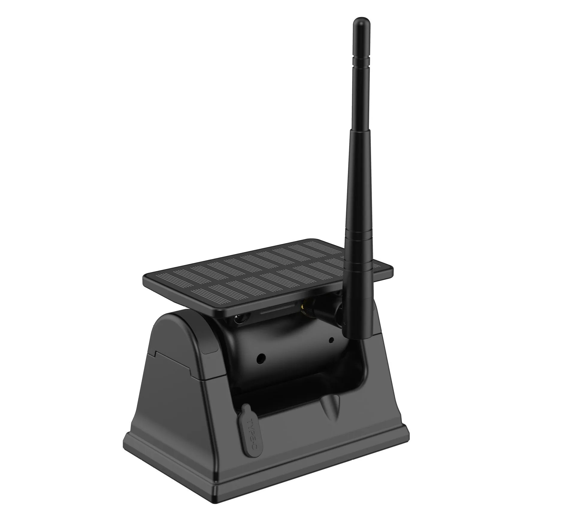 Black solar-powered wireless vehicle camera with aluminium alloy shell and a magnet base for mounting.