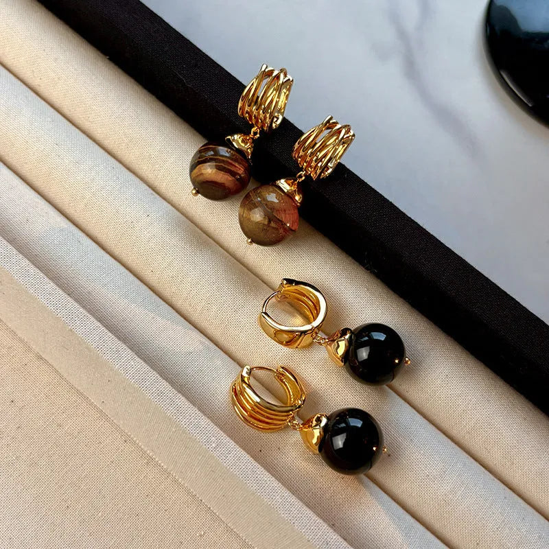 Women's Tigereye earrings with real gold plating in geometry shape with round elements, French retro style