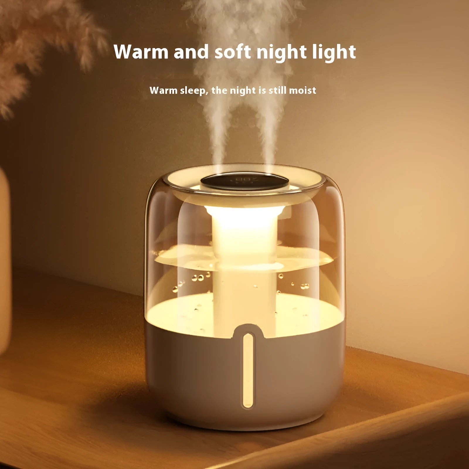 Beige round USB humidifier with dual spray nozzles, display screen, and night light
