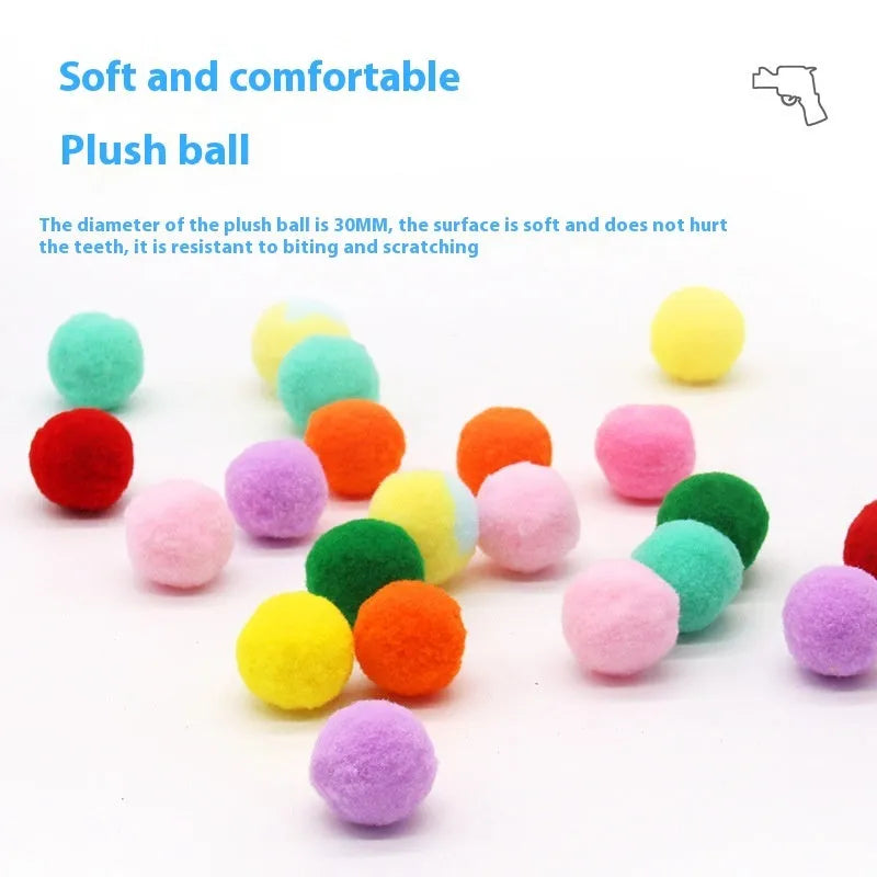 Colourful plush pet toy gun launching soft yarn balls for dogs to fetch