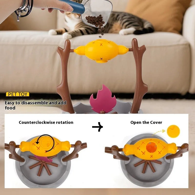 Barbecue style tumbling cat food puzzle feeder toy measuring 30cm cubed