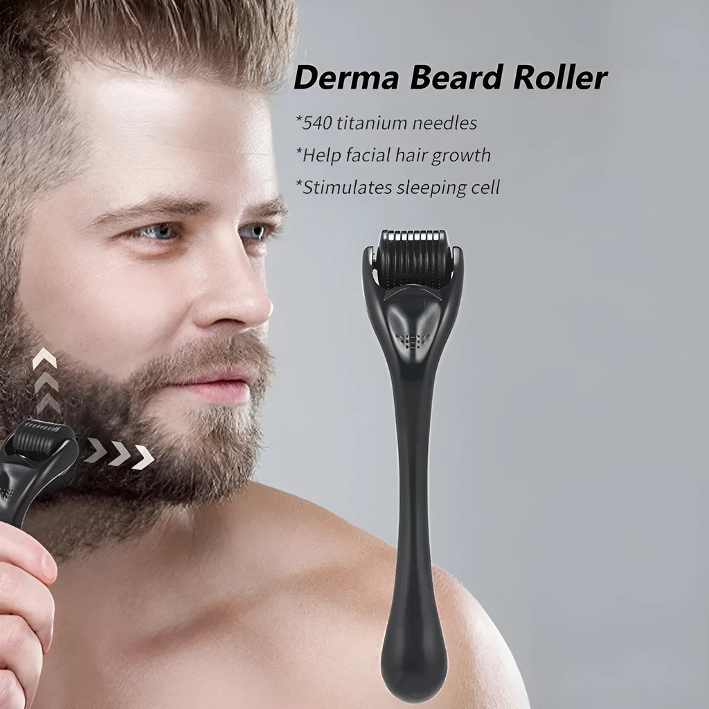 Black and purple derma rollers with 540 titanium microneedles for face, hair, and beard care.